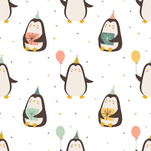 Happy birthday seamless pattern with cute penguins gift and balloon