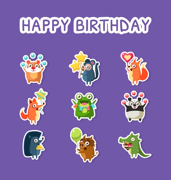 Happy birthday set cute funny animals stickers with balloons hamster monkey fox squirrel frog panda hedgehog crocodile boar vector illustration web design