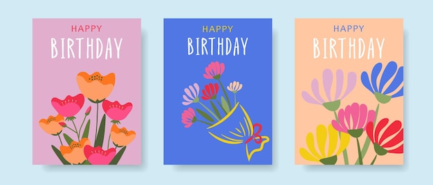 생일 축하함 귀여운 인사카드 또는 꽃이 있는 포스터 세트