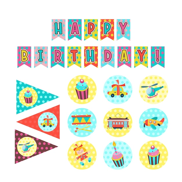С днем рождения. набор векторных элементов для украшения дня рождения. флаги, наклейки с изображением тортов со свечами, игрушек, подарков.