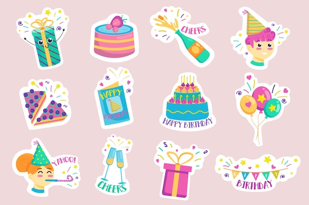 Vector happy birthday stickers set bundle of cake with candles drink boy and girl in festive hat balloon gift garland and other badge vector illustration with isolated printed material in flat design