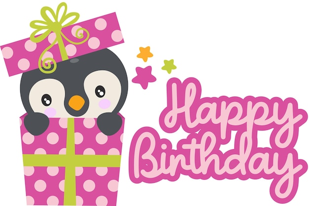 Happy birthday surprise penguin going out of gift boxcdr