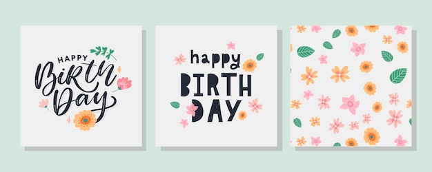 Vector happy birthday text flowers letter holiday banner card celebration