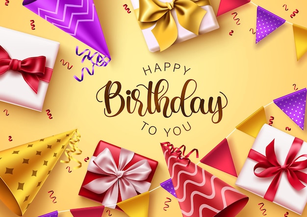 Happy birthday text vector background design. Birthday typography in yellow background.