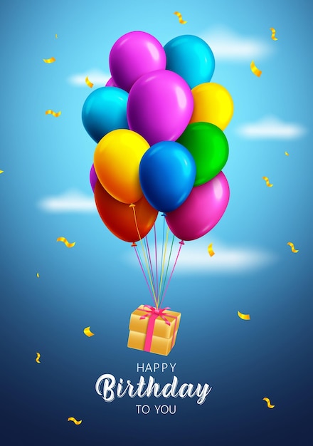 Happy birthday text vector design Birthday balloons bunch flying and floating surprise elements