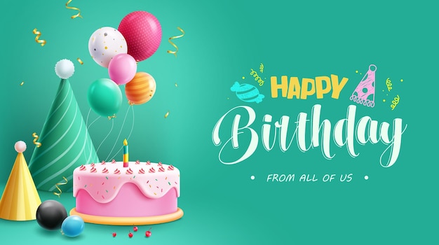 Happy birthday text vector design birthday party elements like cake hat and balloons in pastel