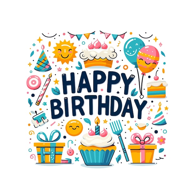 Vector happy birthday text vector flat illustration collection on a white background