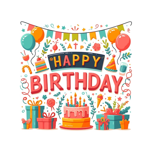 Vector happy birthday text vector flat illustration collection on a white background