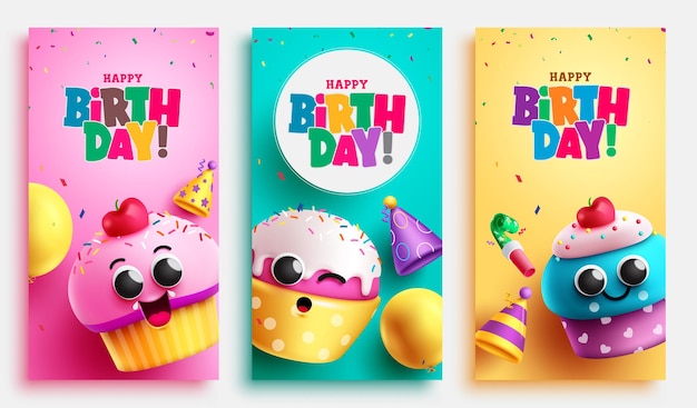 Happy birthday text vector poster design Birthday greeting collection in empty space with cup cake