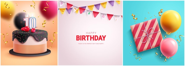 Vettore buon compleanno testo vettore set banner design torta di compleanno regalo a sorpresa e festa dei pennants