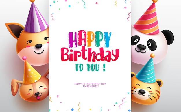 Happy birthday text vector template design Birthday greeting card with emoji cute and funny animal