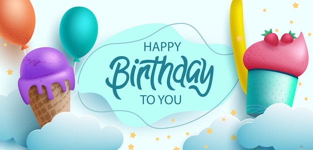 Happy birthday text vector template design. Birthday greeting typography with ice cream, balloons.