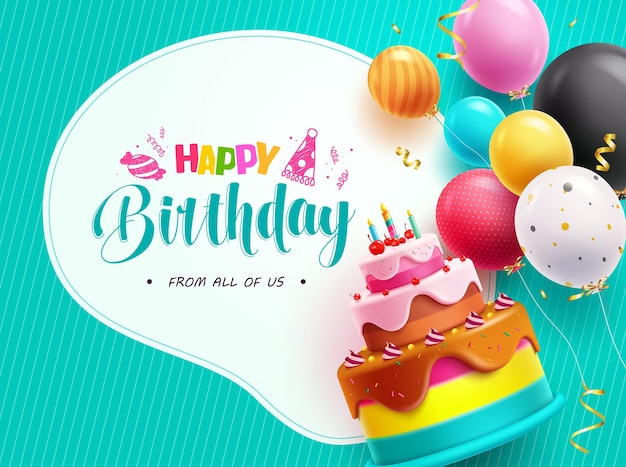 Happy birthday text vector template Happy birthday greeting with cake and balloon elements Vector