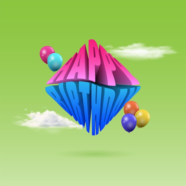 Happy birthday text with square shape. balloon and cloud decoration. Drift 3d illustration