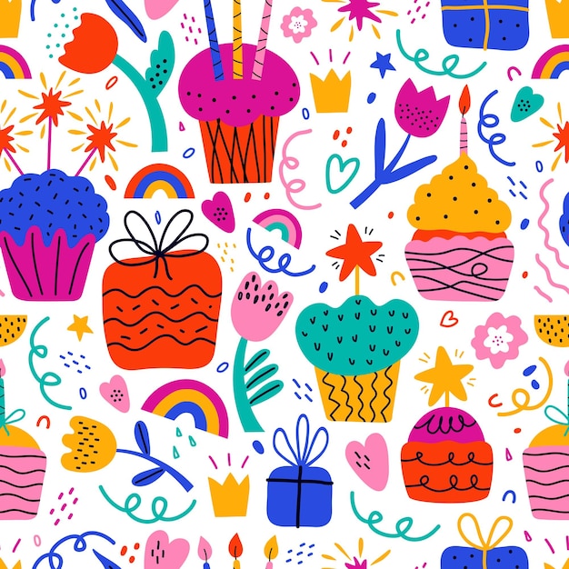 Happy birthday vector abstract seamless pattern Colorful shapes and elements on white background Bday cake gift flowers heart crown star dots Hand drawn modern illustration in pop art style