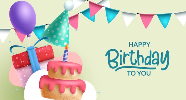 Happy birthday vector background design. Birthday greeting text with party decorations for occasion.