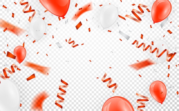 Buon compleanno vettore celebration party banner coriandoli di stagnola rosso e palloncini rossi bianchi e glitter.