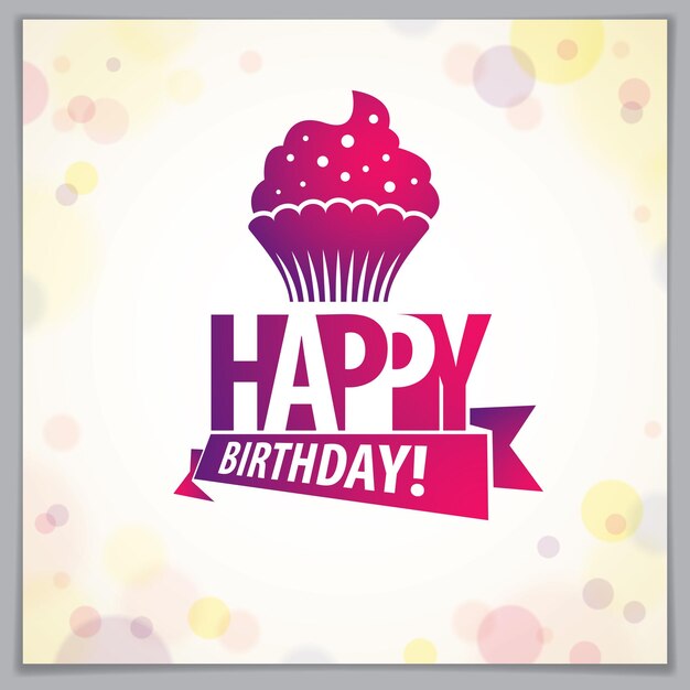 Happy birthday vector greeting card. includes beautiful lettering and cupcake composition placed over blurred circles abstract background. square shape format with cmyk colors acceptable for print.