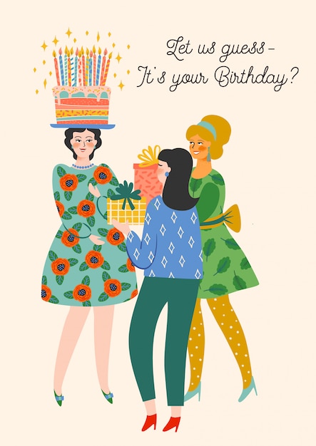 Vettore buon compleanno. illustrazione vettoriale di donne carine.