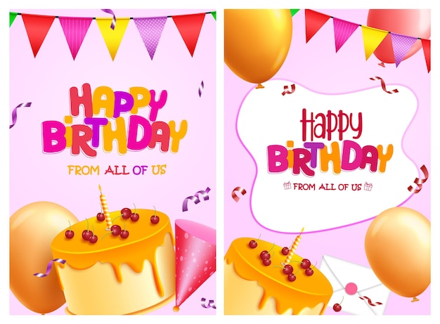 Vettore buon compleanno vettore poster set design testo di saluto di compleanno con sfondo di elementi di festa
