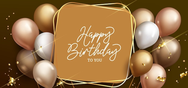 Happy birthday vector template design. Happy birthday text in gold board space with golden balloons.