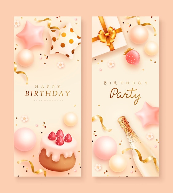 Happy birthday vertical background set with realistic decoration