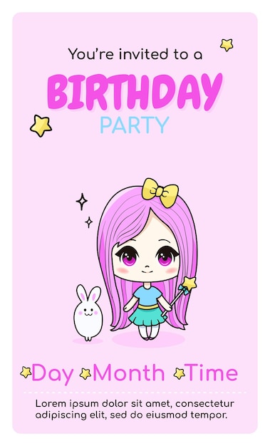 만화 카와이 애니메이션 소녀와 토끼와 함께 생일 축하 수직 초대 카드. 벡터 아트.