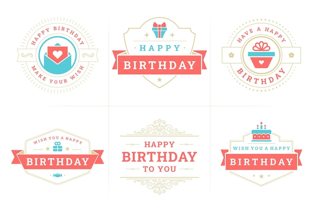 Happy birthday vintage ornate emblem and badge set for greeting card design vector flat