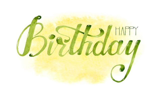 Vettore iscrizione verde dell'acquerello di buon compleanno su fondo giallo