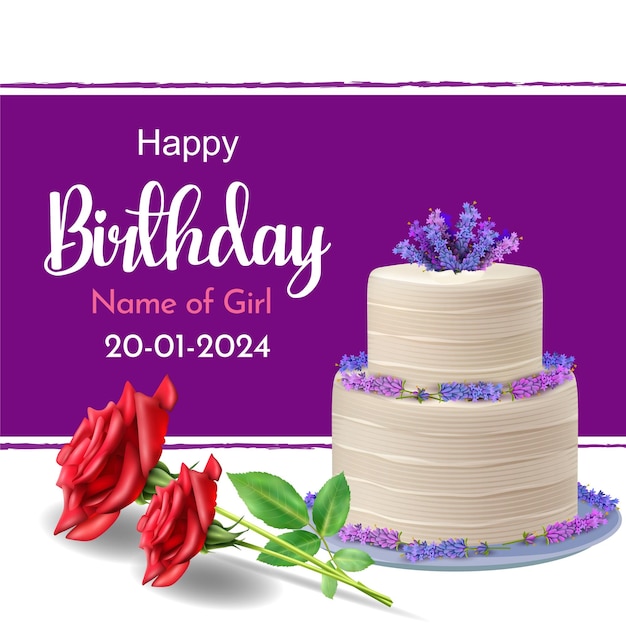 Vector happy birthday wish card template with cake and flower