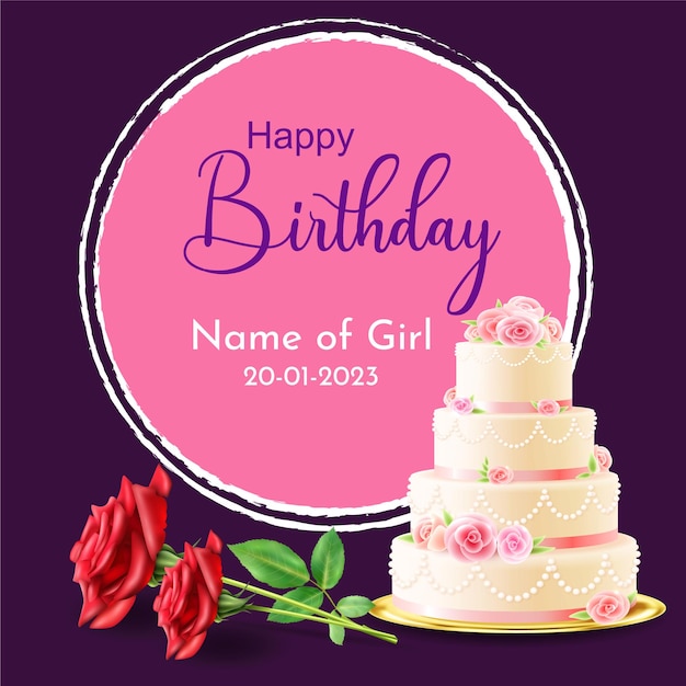 Vector happy birthday wish card template with cake and flower