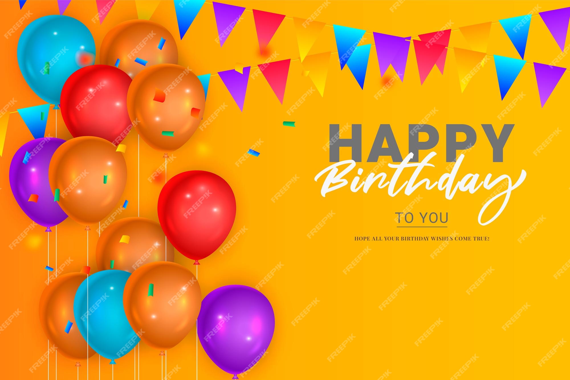 Premium Vector | Happy birthday wish with red blue and purple balloon  confetti and yellow background decoration