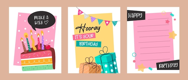 happy birthday wishes clipart poster set birthday greeting card with slice of cake and gift box