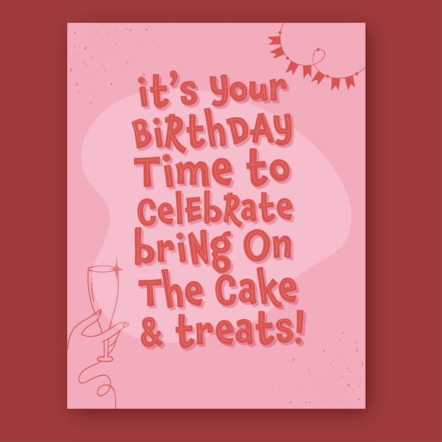 Happy Birthday Wishes Quote With Line Art Female Hand Holding Drink Glass And Bunting Flags On Pink Background