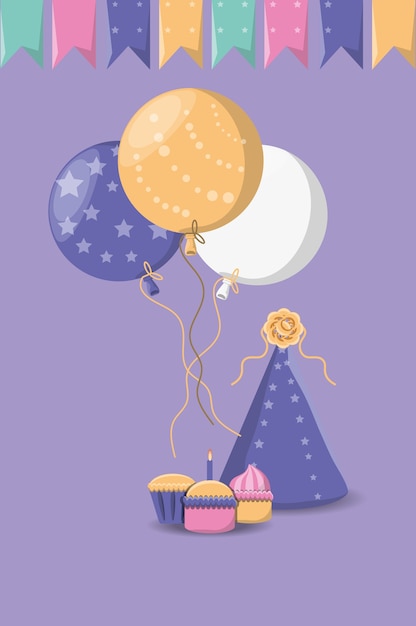 Happy birthday with balloons and party hat over purple background