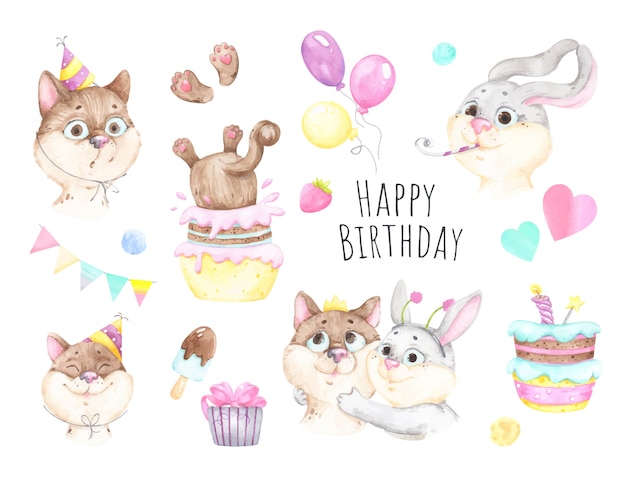 Happy birthday with a cat and a rabbit and gifts