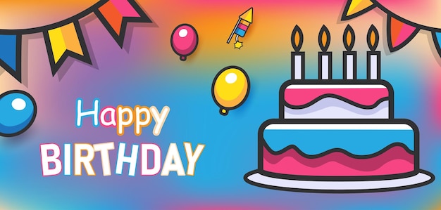 happy birthday with colorful balloons and cake