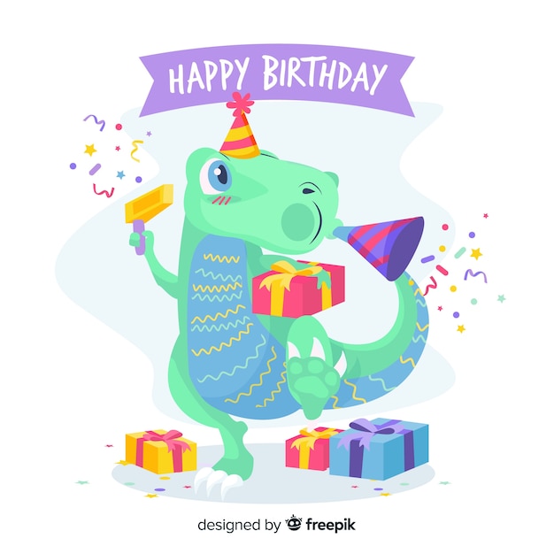 Happy birthday with dinosaur and gifts