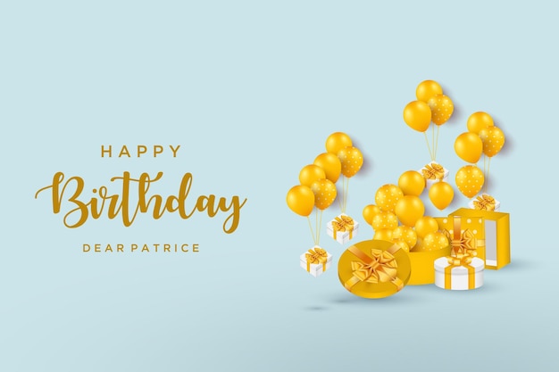 Happy birthday with gift box and golden yellow balloons