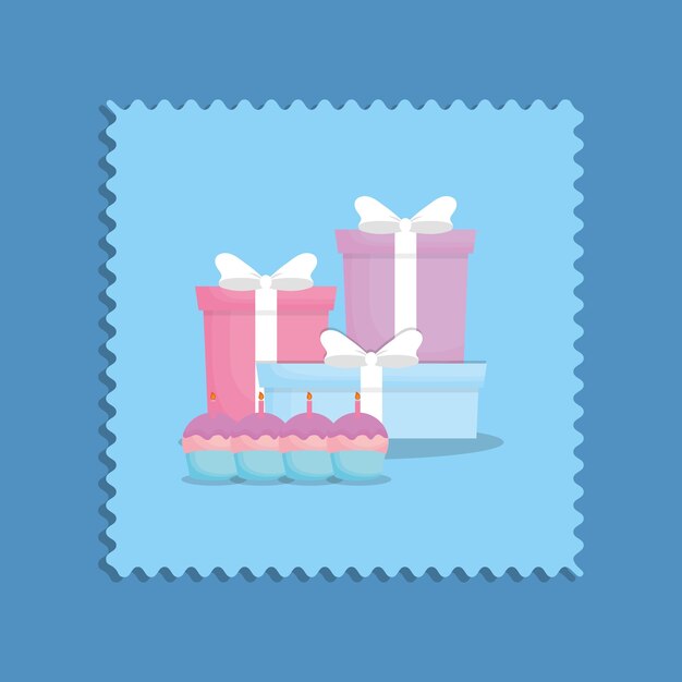 Happy birthday with gift boxes and cupcakes with candles icon over post stamp