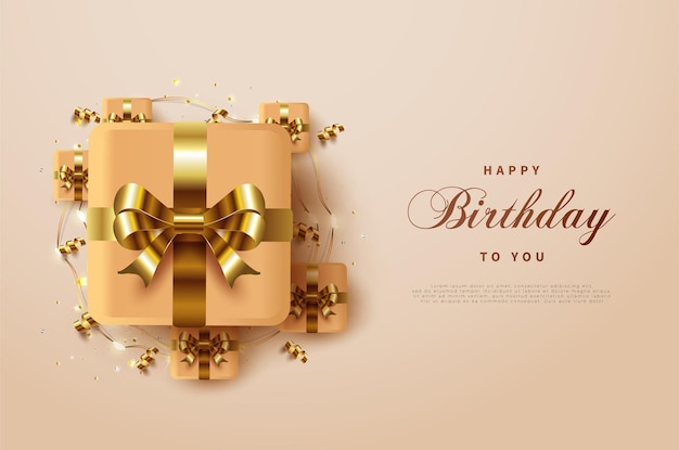 Happy birthday with a luxurious gold ribbon gift box surrounded by other small boxes.