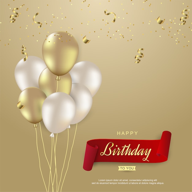 Vector happy birthday with realistic balloon and ribbon