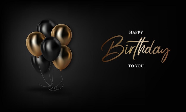 Vector happy birthday with realistic black and gold balloons