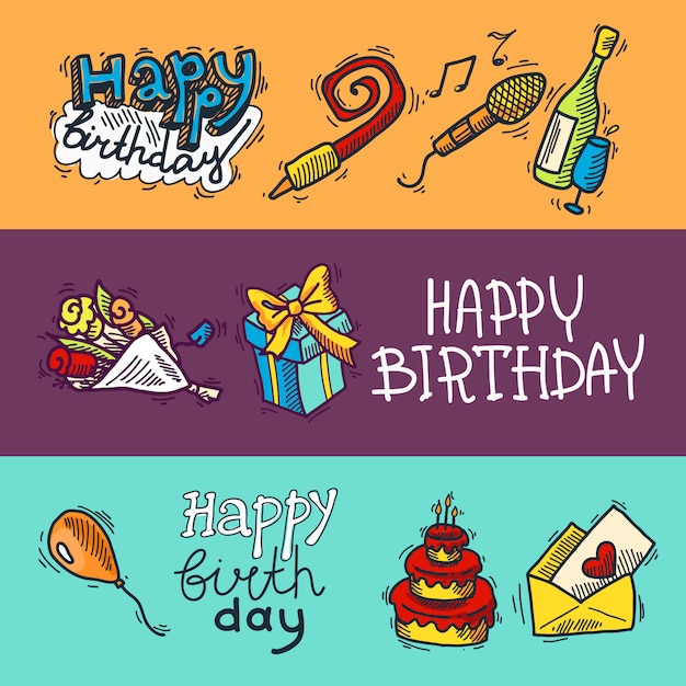 Vector happy birthday with sketch elements banner set