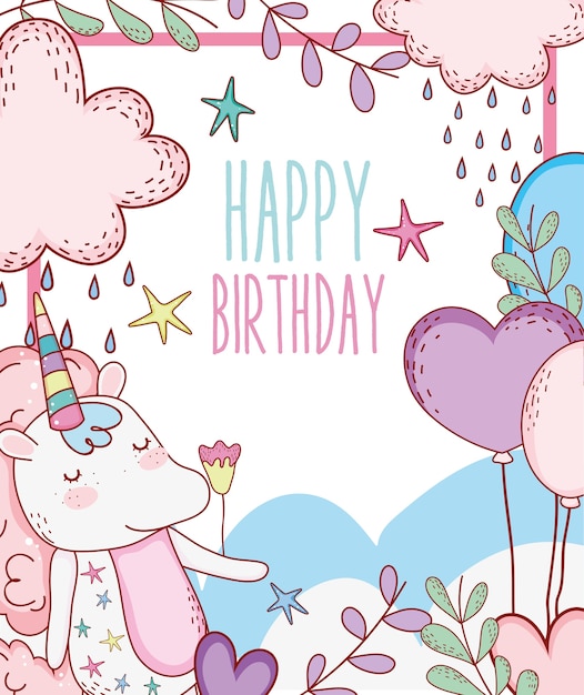 Vector happy birthday with unicorn animal decoration