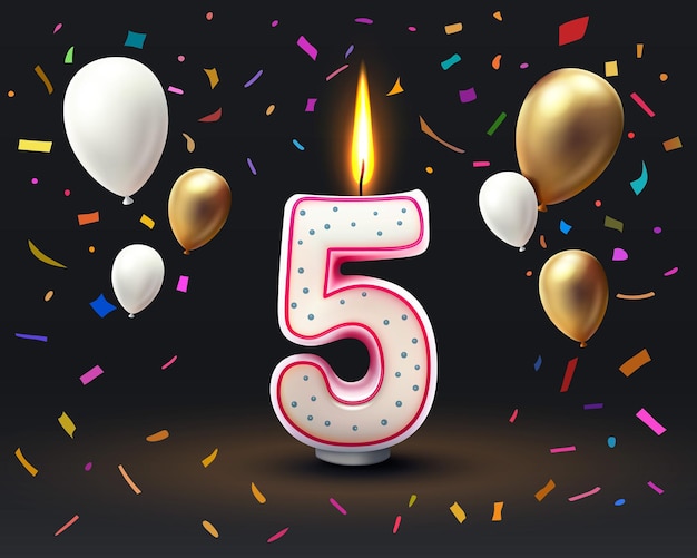 Buon compleanno anni anniversario del compleanno della persona, candela sotto forma di numeri cinque