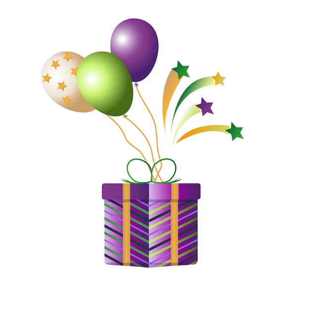 С Днем рожденья тебя! Открытка на День рождения. Праздничный фон с воздушными шарами, подарочная коробка. Баннер. Приветствие