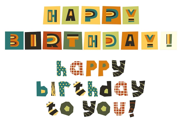 Vettore buon compleanno a te collage lettering logo ritaglio lettere collage biglietto di auguri lettere in blocco