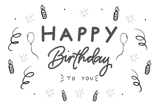 Happy birthday to you lettering on white background with balloon, star and candle