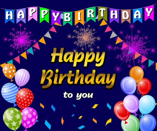 Vettore buon compleanno a te testo con palloncino e confetti elemento di decorazione per la celebrazione del compleanno